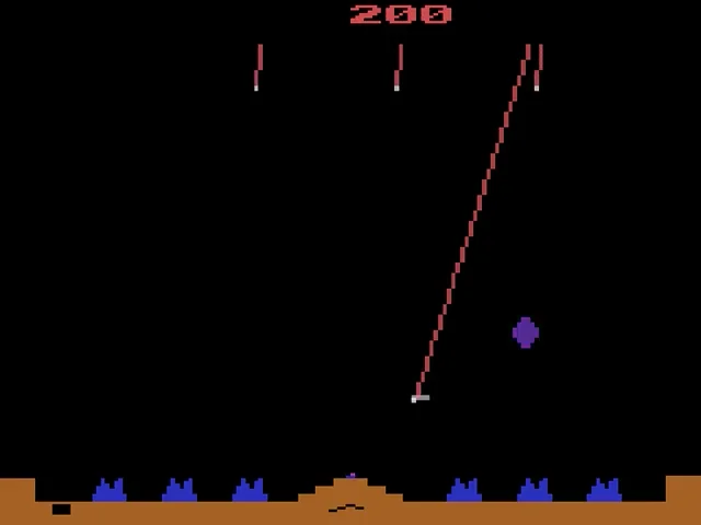 Gameplay screenshot for Missile Command on Atari 2600 (World)