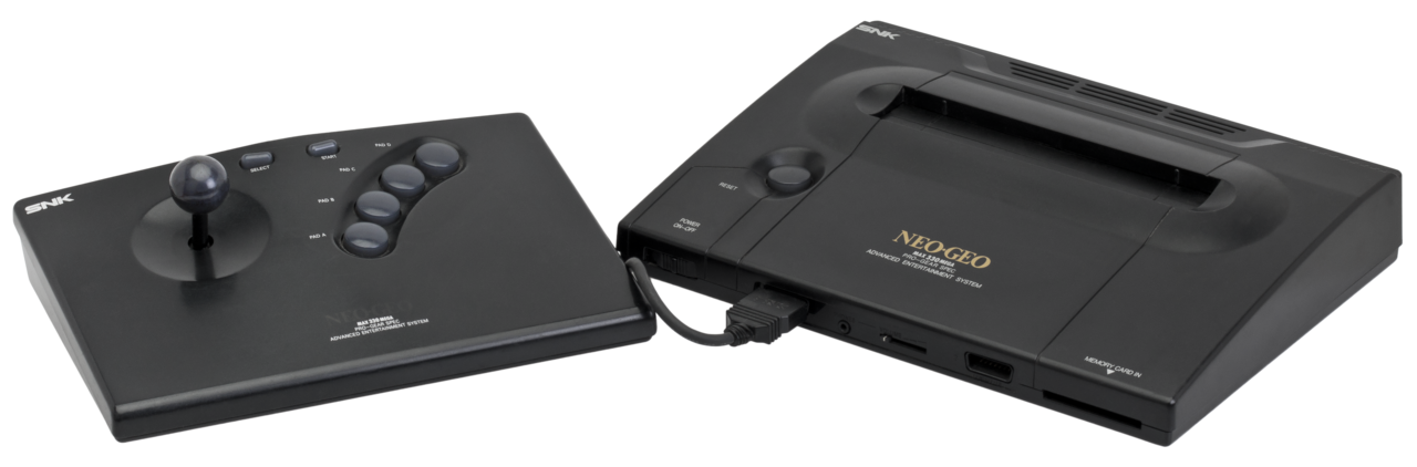 SNK Neo Geo AES home console with its arcade-style joystick controller.