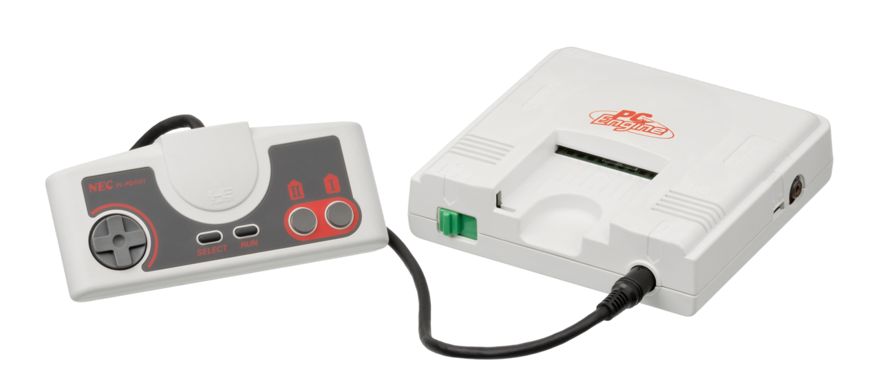 The original Japanese PC Engine with its compact wired controller.